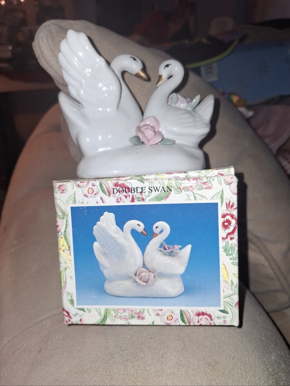 Double Swan Ceramic Figurine - White with Pink Accent 3 Inches Tall